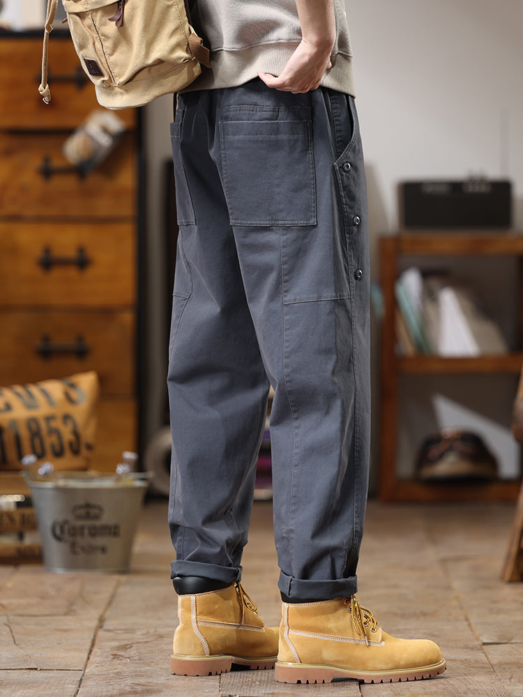Pantalones cargo de pierna recta y corte holgado para hombre con botones laterales