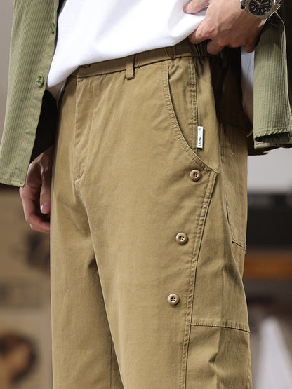 Pantalones cargo de pierna recta y corte holgado para hombre con botones laterales