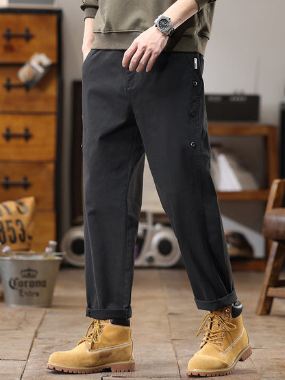 Pantalones cargo de pierna recta y corte holgado para hombre con botones laterales