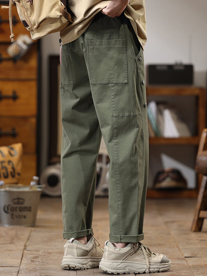 Pantalon cargo homme à boutons latéraux décoratifs, coupe droite et ample