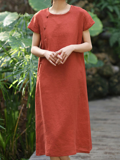 Robe midi à manches courtes en 100% lin avec boutons