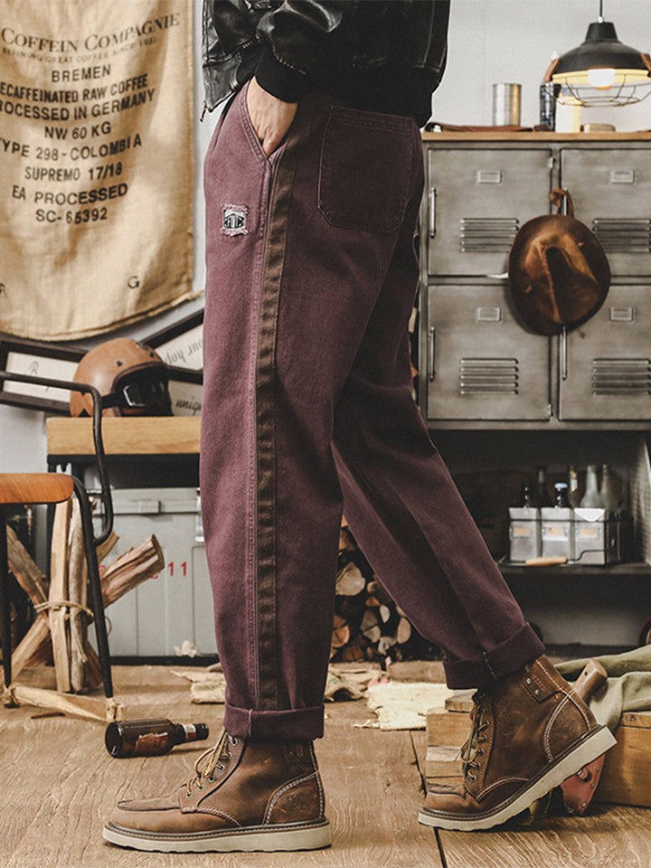 Pantalon décontracté vintage pour homme en 100 % coton avec bandes latérales contrastantes