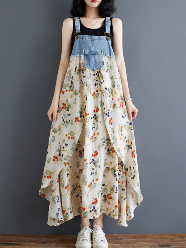 Latzkleid aus Denim mit Patchwork-Aquarellmuster