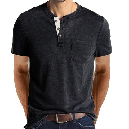 T-shirt Henley décontracté à manches courtes avec poche pour homme