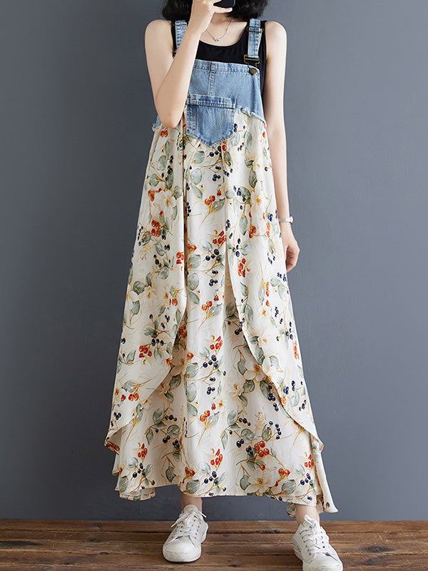 Latzkleid aus Denim mit Patchwork-Aquarellmuster