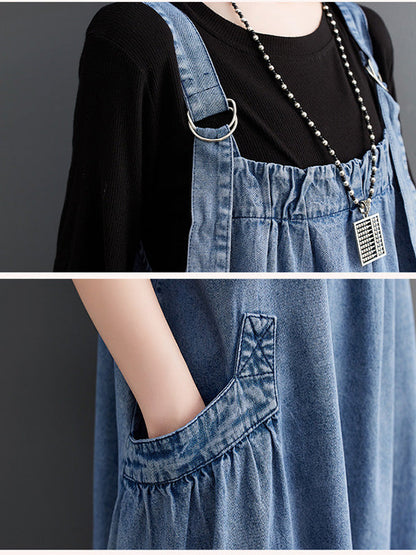 Abito salopette in denim da donna, vestibilità ampia