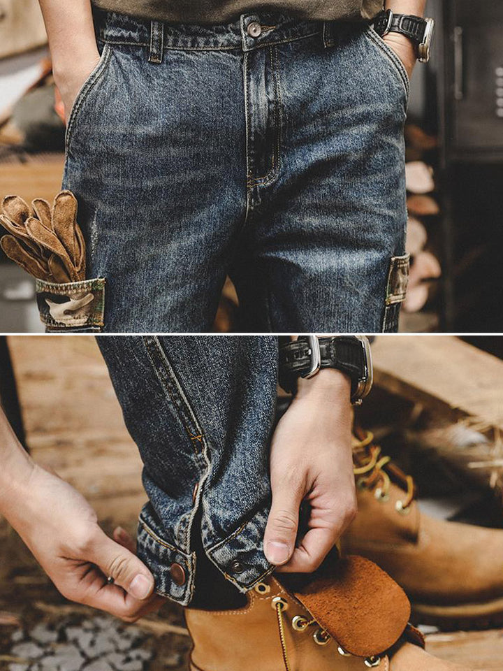 Herren Vintage Cargo Jeans mit Camouflage-Taschen, lockere Passform