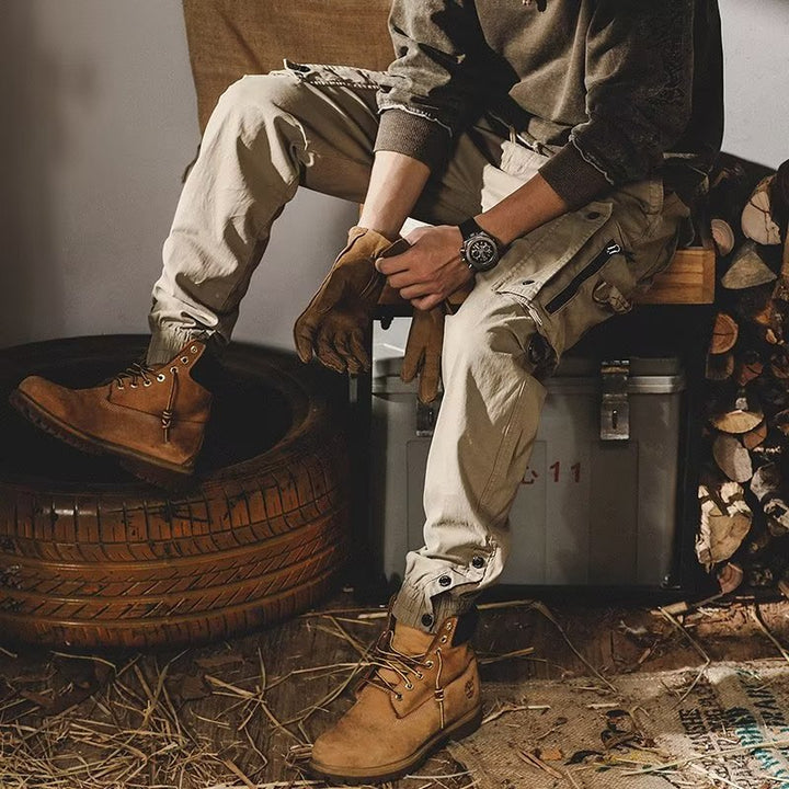 Pantalones cargo deportivos de algodón elástico con múltiples bolsillos para hombre