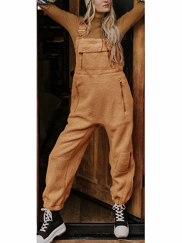 Women's Fleece Thermal Overalls With Zippered Pockets